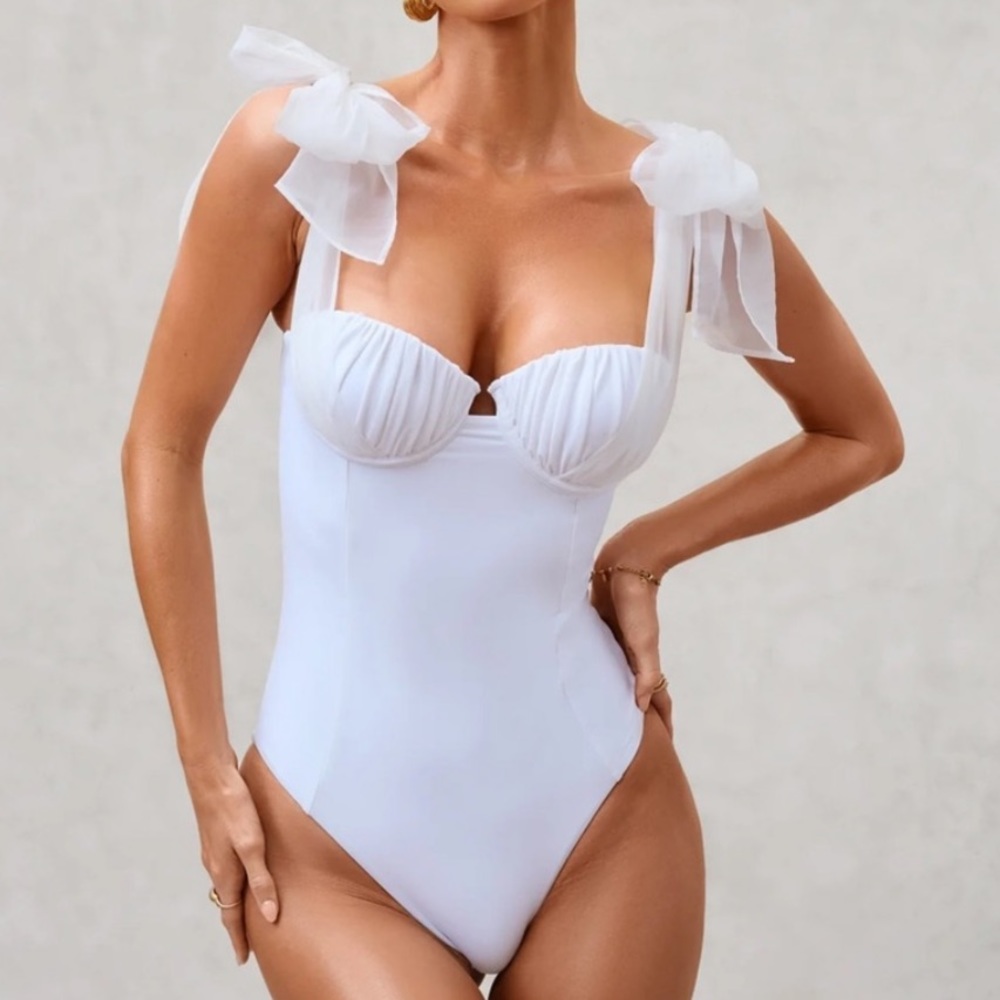 WHITE ORGANZA SWIMSUIT WITH BOWS